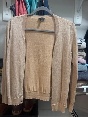 Talbots Metallic Beige Open-Front Cardigan with Gold Accents